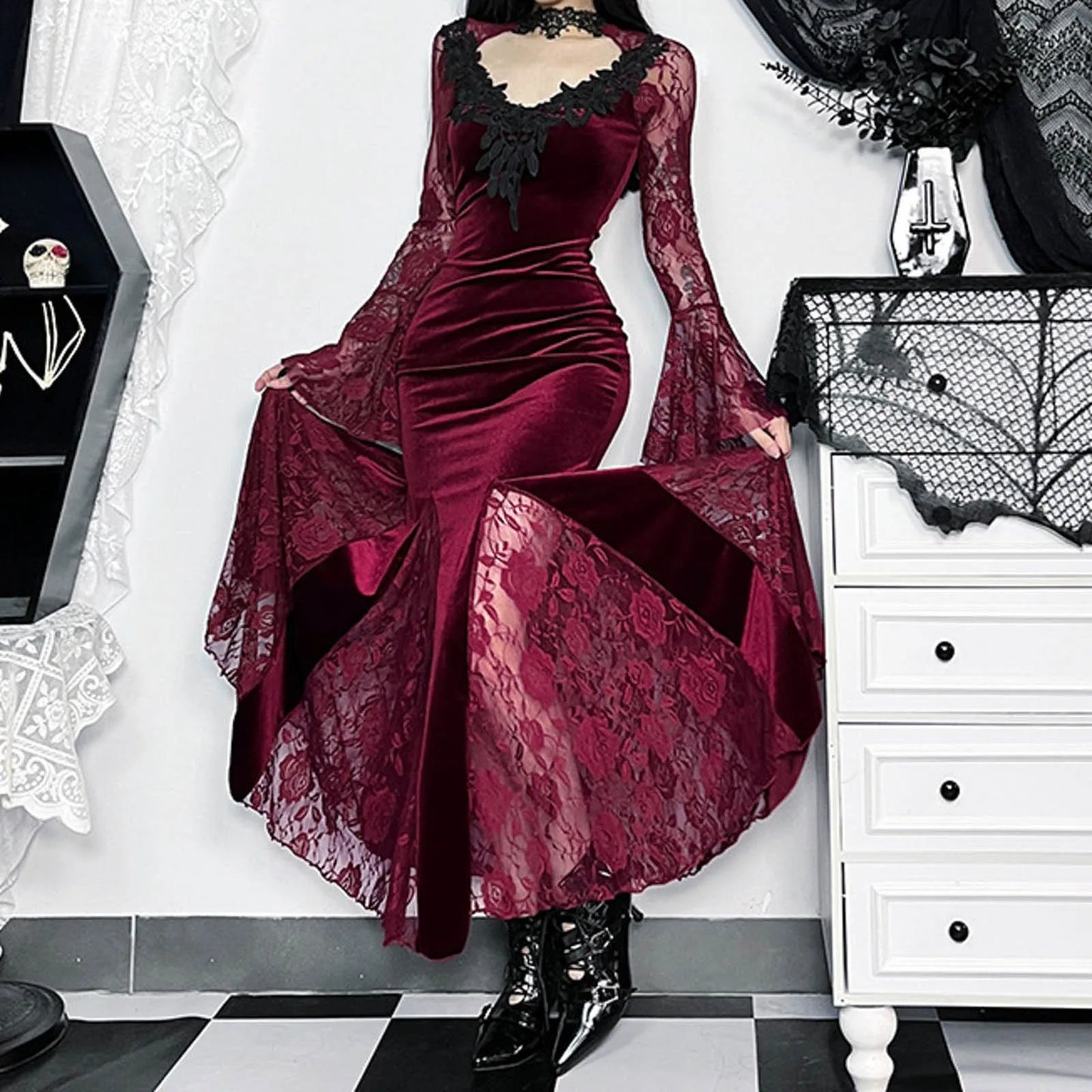 Lace Mesh Velvet Hollow Out Maxi Dress