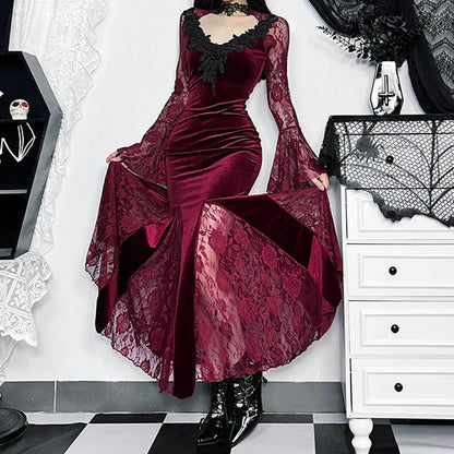 Lace Mesh Velvet Hollow Out Maxi Dress