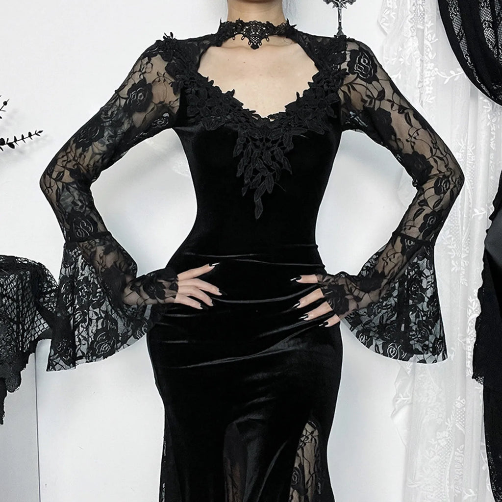 Lace Mesh Velvet Hollow Out Maxi Dress