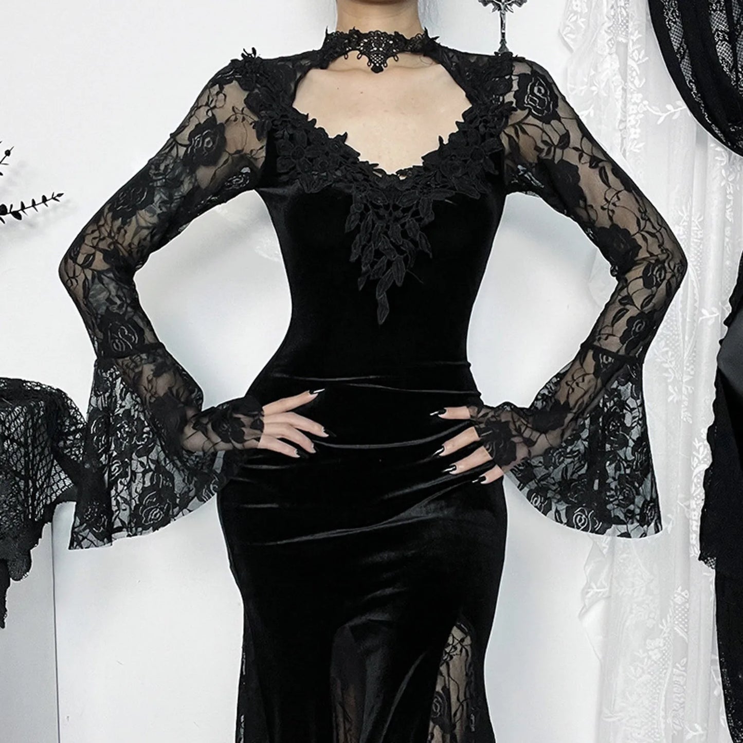 Lace Mesh Velvet Hollow Out Maxi Dress