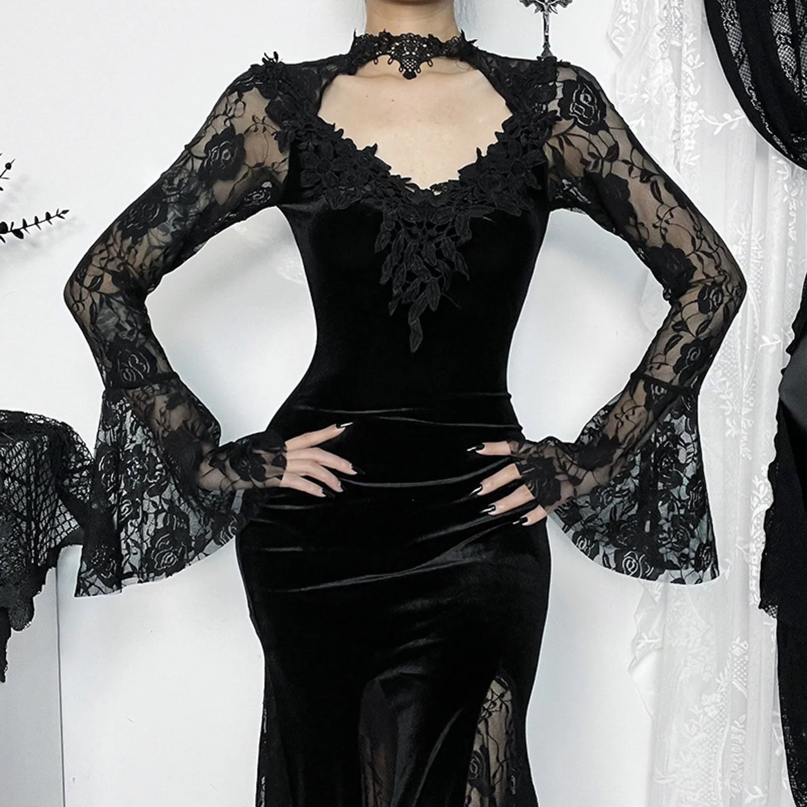 Lace Mesh Velvet Hollow Out Maxi Dress