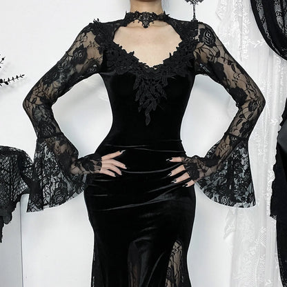 Lace Mesh Velvet Hollow Out Maxi Dress