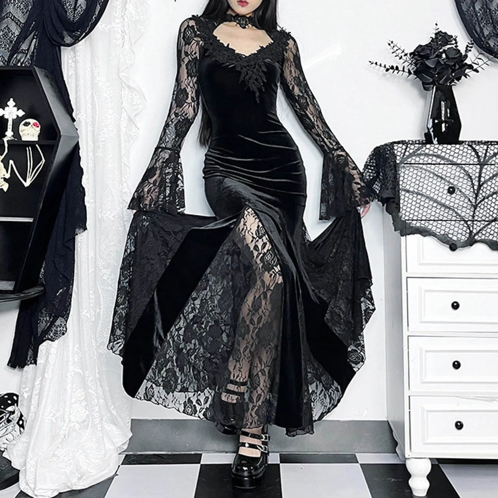 Lace Mesh Velvet Hollow Out Maxi Dress