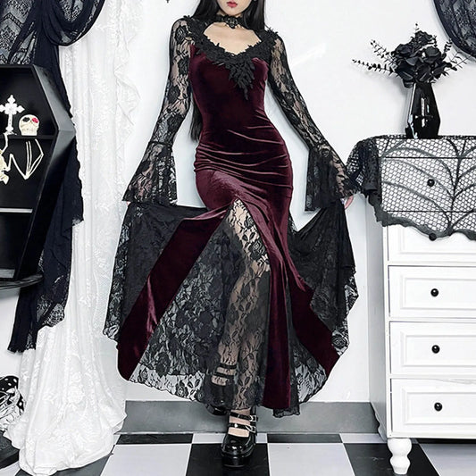 Rose Lace Slim Fit Punk Midi Dress