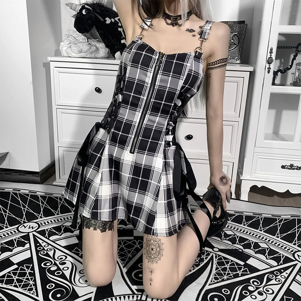 Velvet Lace-up Plaid Mini Dress
