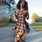 Velvet Lace-up Plaid Mini Dress