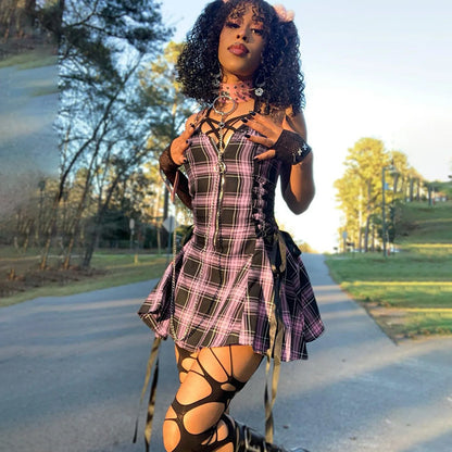 Velvet Lace-up Plaid Mini Dress