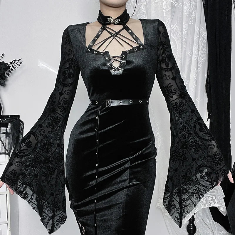 Slim Suede Split Flared Maxi Dress