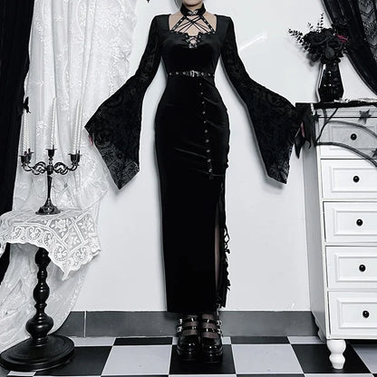 Slim Suede Split Flared Maxi Dress