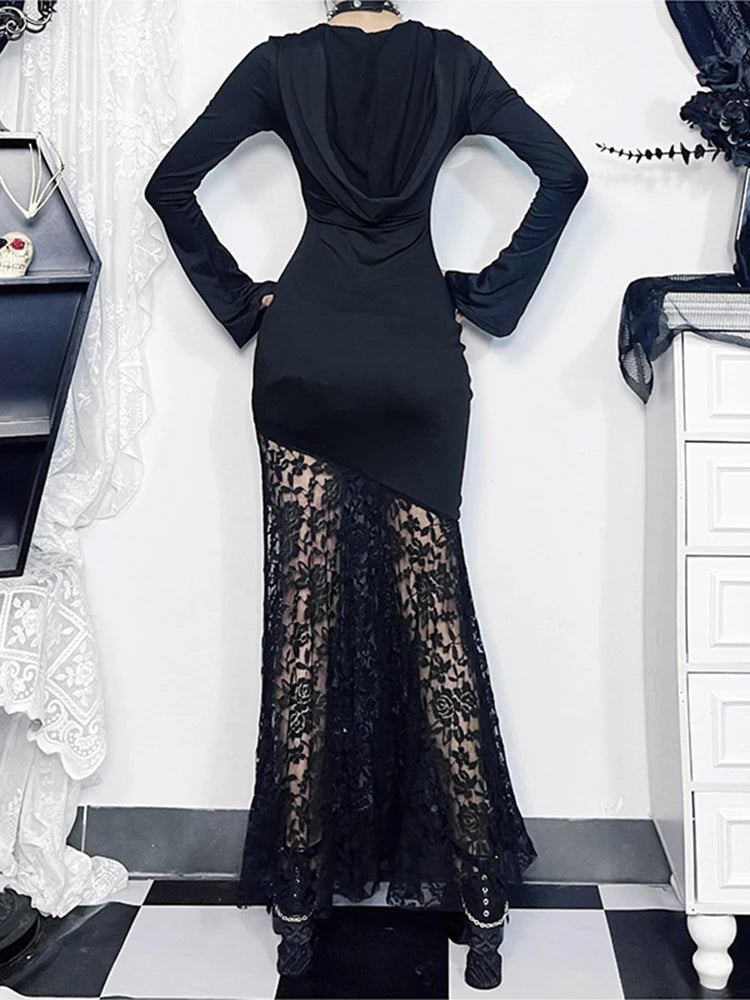 Hooded Lace Cross Hollow Maxi Dress