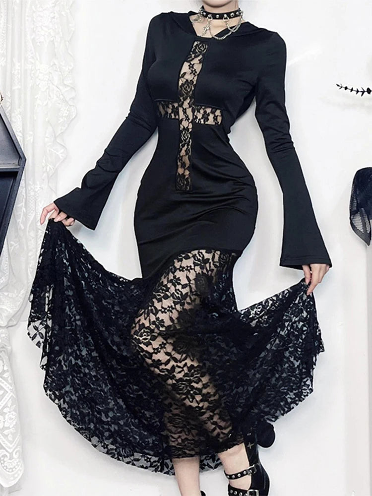 Hooded Lace Cross Hollow Maxi Dress Main image