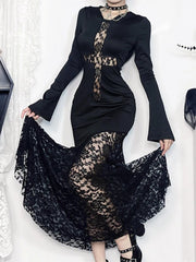 Hooded Lace Cross Hollow Maxi Dress