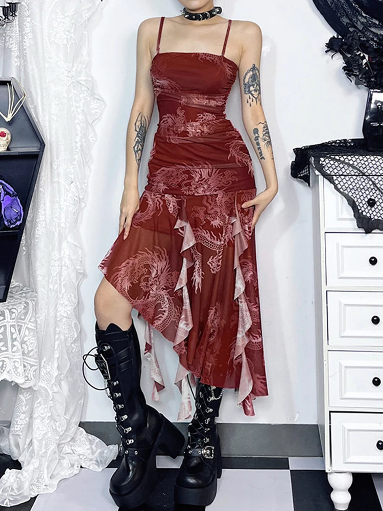 Asymmetric Suspenders Slim Midi Dress