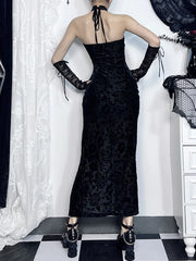 Flocked Flower Slit Elegant Midi Dress