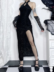 Flocked Flower Slit Elegant Midi Dress