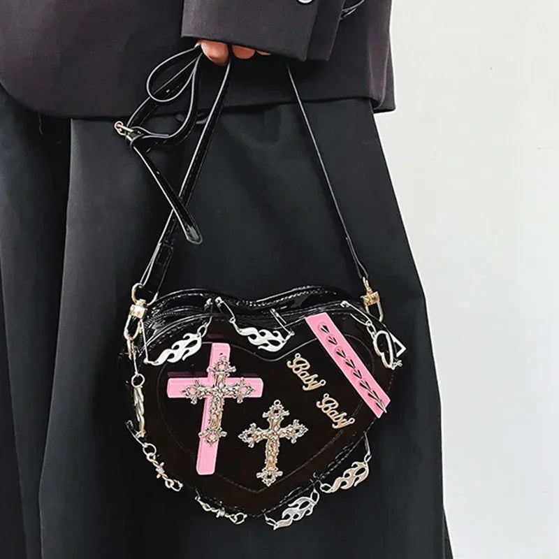 Heart-Shaped Leather Gothic Punk Crossbody Metal Decoration Shoulder Bag Halloween Main image
