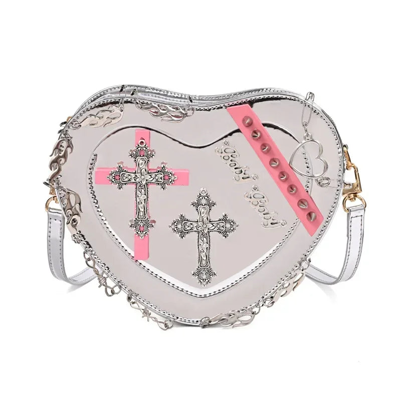 Heart-Shaped Leather Gothic Punk Crossbody Metal Decoration Shoulder Bag Silver Halloween