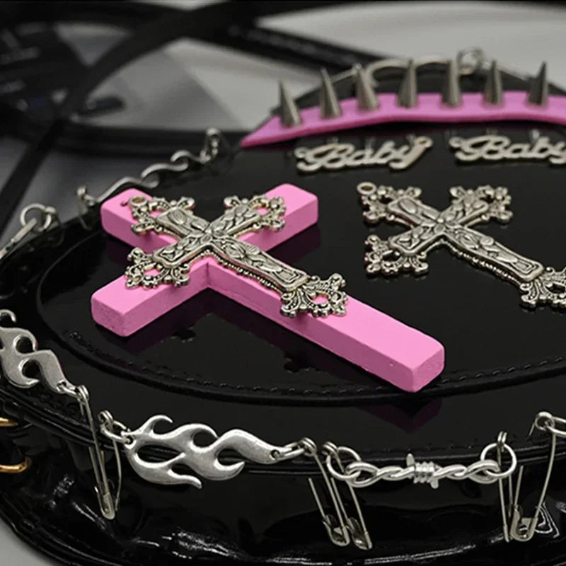 Heart-Shaped Leather Gothic Punk Crossbody Metal Decoration Shoulder Bag Halloween