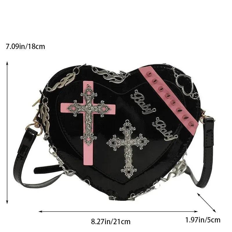 Heart-Shaped Leather Gothic Punk Crossbody Metal Decoration Shoulder Bag Halloween