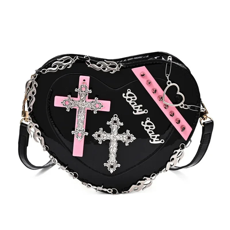 Heart-Shaped Leather Gothic Punk Crossbody Metal Decoration Shoulder Bag Black Halloween