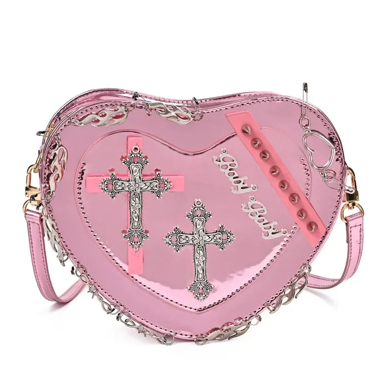Heart-Shaped Leather Gothic Punk Crossbody Metal Decoration Shoulder Bag Pink Halloween