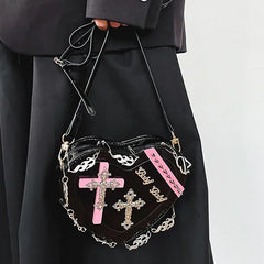 Heart-Shaped Leather Gothic Punk Crossbody Metal Decoration Shoulder Bag Halloween