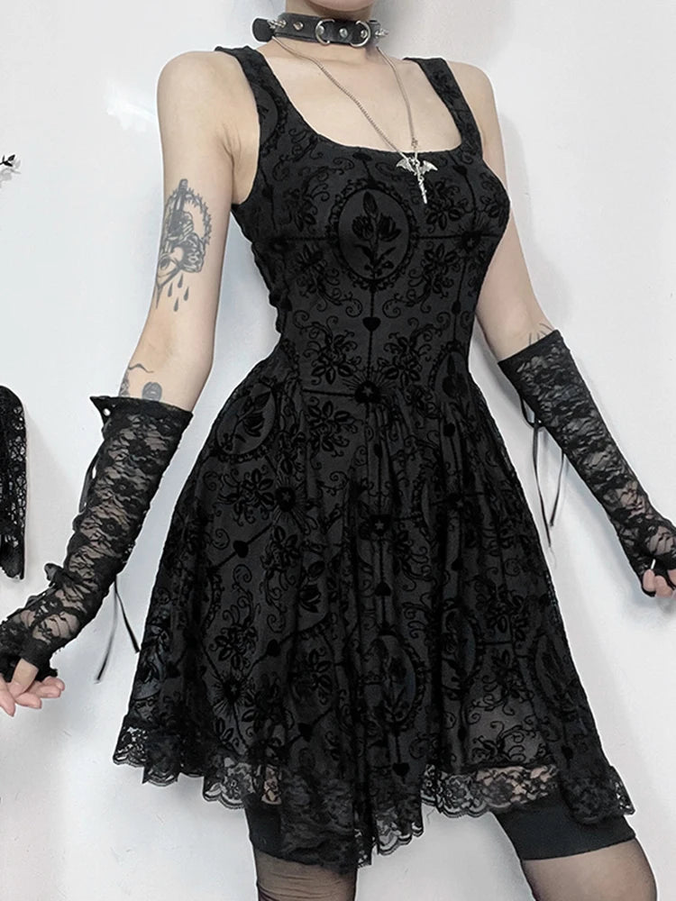 Dark Tie Lace Hem Mini Dress