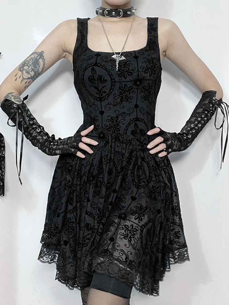 Dark Tie Lace Hem Mini Dress