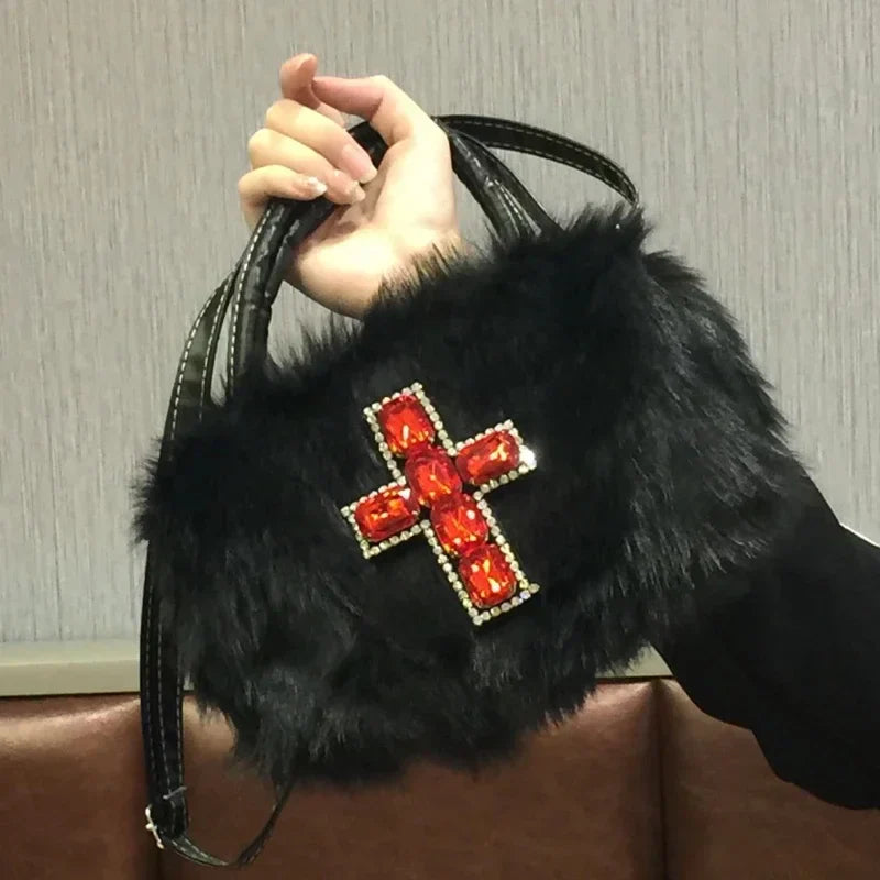 Y2K Gothic Soft Plush Black Cross Applique Harajuku Punk Hip Hop Shoulder Bag Halloween Main image