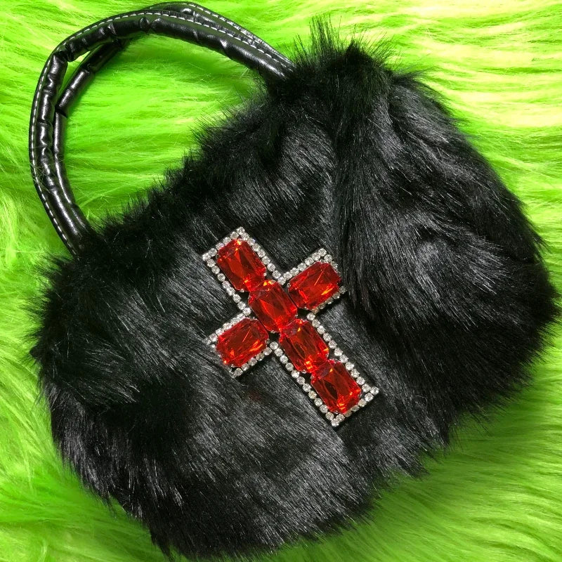 Y2K Gothic Soft Plush Black Cross Applique Harajuku Punk Hip Hop Shoulder Bag Halloween