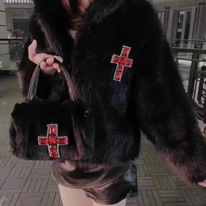 Y2K Gothic Soft Plush Black Cross Applique Harajuku Punk Hip Hop Shoulder Bag Halloween