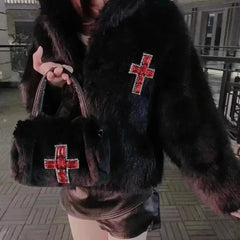 Y2K Gothic Soft Plush Black Cross Applique Harajuku Punk Hip Hop Shoulder Bag Halloween