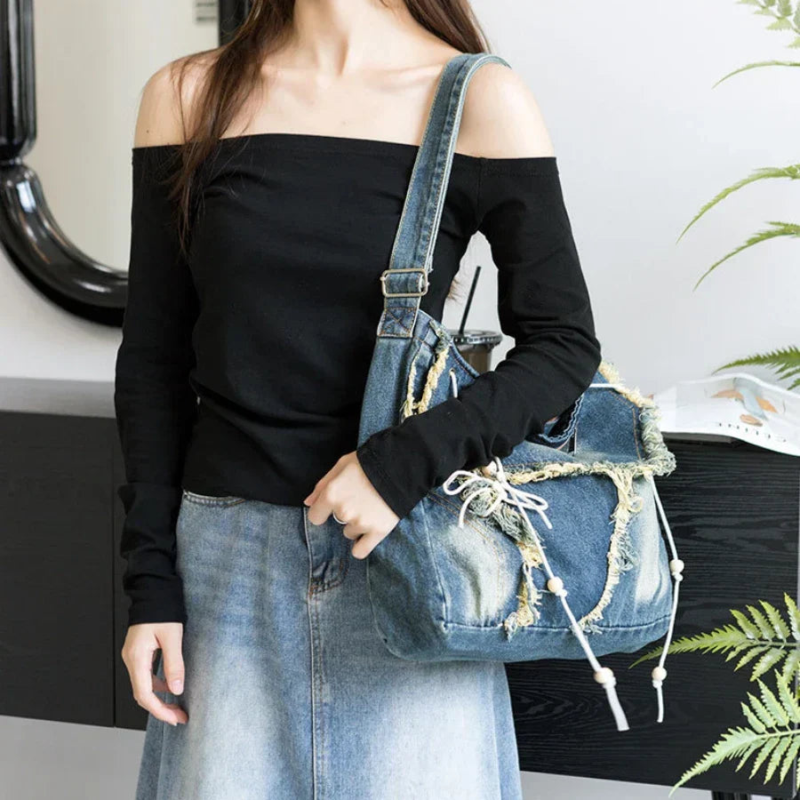 Y2K Korean Harajuku Gothic Aesthetic Vintage Denim Crossbody Messenger Bag Blue Halloween