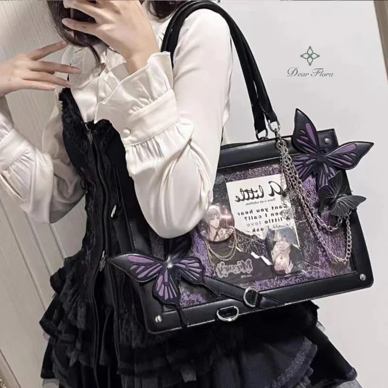 Y2K Labyrinth Butterfly Spider Web Letter Chain Transparent Gothic Bag Halloween