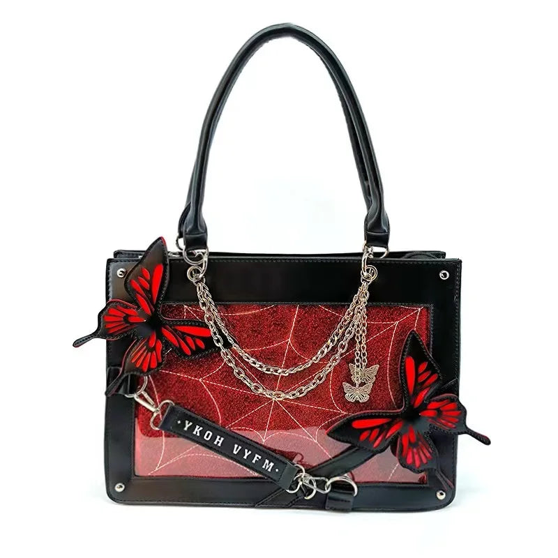 Y2K Labyrinth Butterfly Spider Web Letter Chain Transparent Gothic Bag Black Red / 35X25X10.5Cm