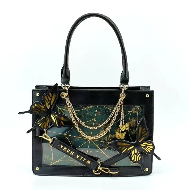 Y2K Labyrinth Butterfly Spider Web Letter Chain Transparent Gothic Bag Black Gold / 35X25X10.5Cm