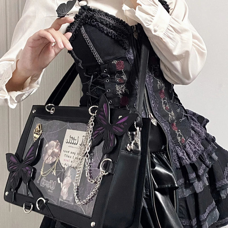 Y2K Labyrinth Butterfly Spider Web Letter Chain Transparent Gothic Bag Halloween