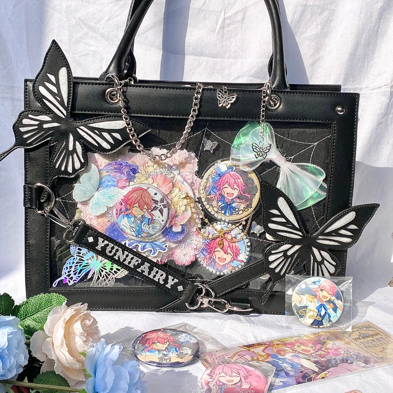 Y2K Labyrinth Butterfly Spider Web Letter Chain Transparent Gothic Bag Halloween