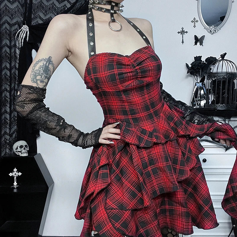 Red Plaid Halter Mini Dress