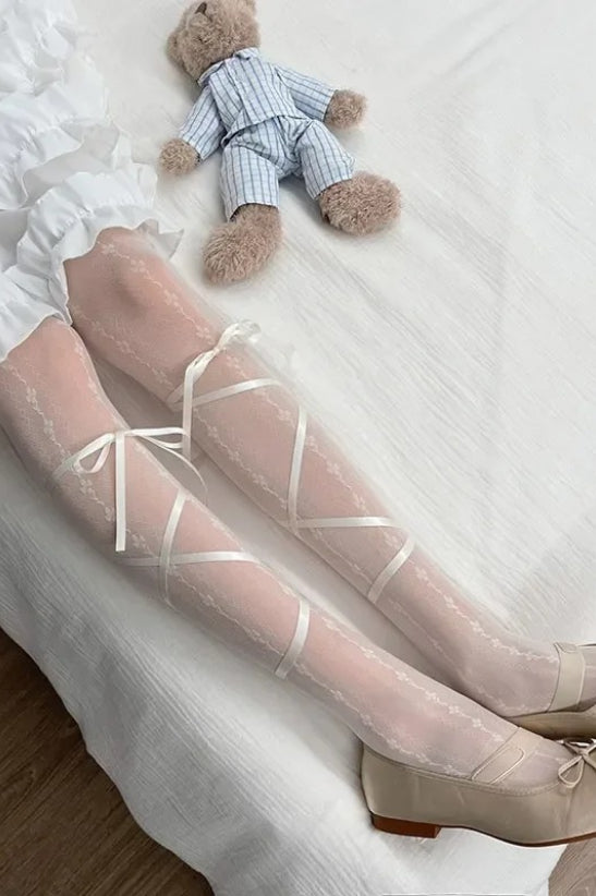 Kawaii Ballet Bowknot Bandage JK Lolita Thigh High Socks