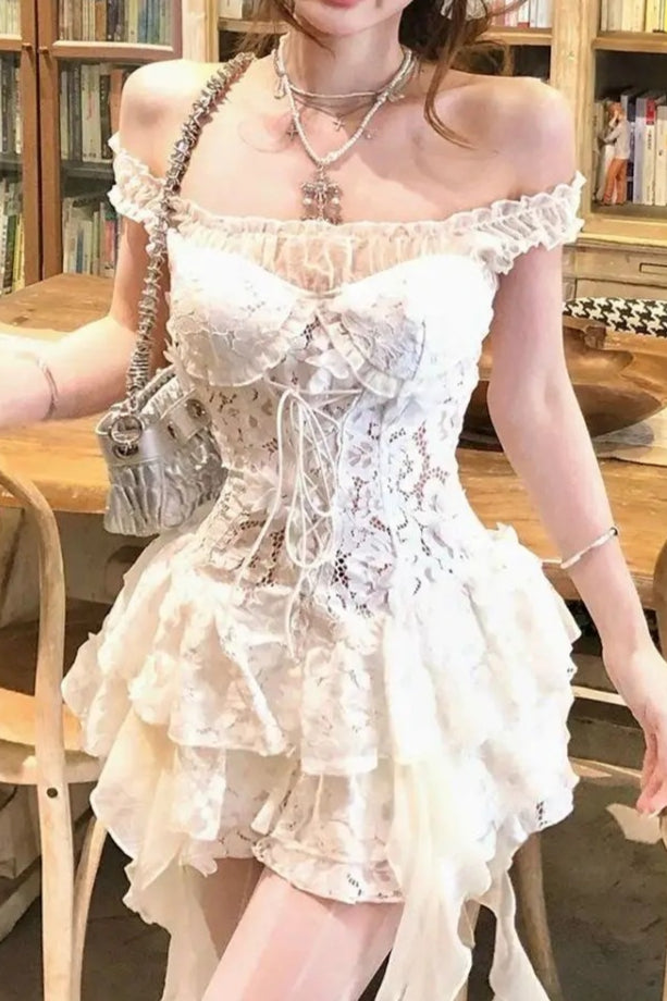 White Lace Off Shoulder Slip Chic Y2K Vintage Mini Dress Secondary image