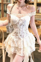 White Lace Off Shoulder Slip Chic Y2K Vintage Mini Dress