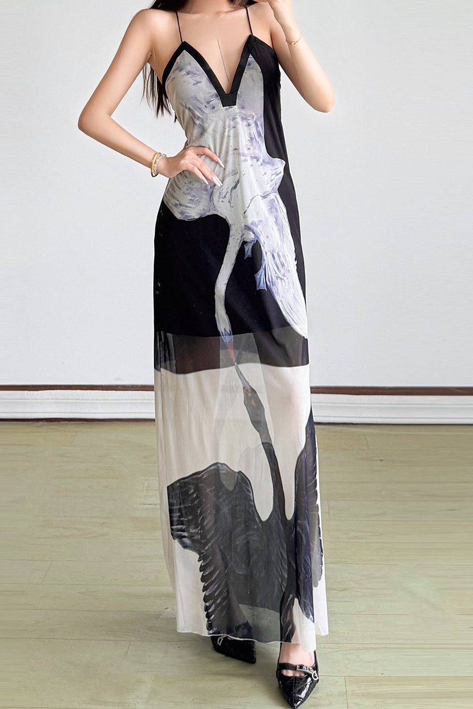 Swan Print Cross Strap Maxi Dress