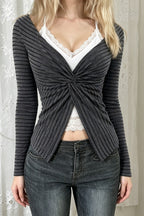 Striped Twist Front Lace Cardigans