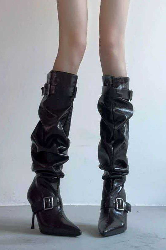 Slouch Shaft Buckle Pointed Boots