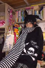 Karrram Gothic Skulls Grunge Y2K Loose Mohair V-neck Sweater