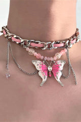 Chain Rhinestone Pink Butterfly Choker Necklace