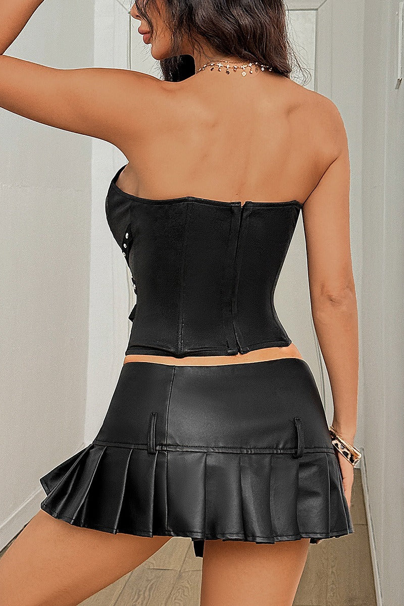 Lace Leather Strapless Slim Buttoned Corset