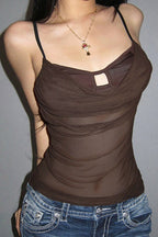 Draped Mesh Keyhole Strappy Tank Top