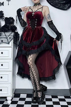 Dark Gothic Lace Strap Swallow Tail Corset Midi Dress